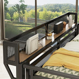 Queen Metal Loft Bed Frame with Desk, Staircase, Built-in Storage Shelves and Wardrobe