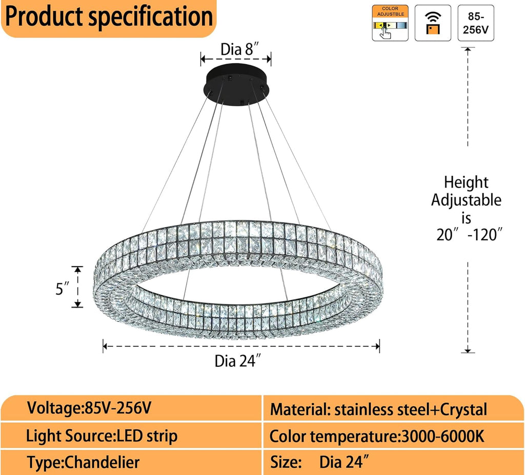Modern Led Ring Chandeliers Dimmable Crystal Chandelier for Living Room Dining Room Ring Pendant Light Adjustable 24 inch Black A122-B0CHMJ5WFM