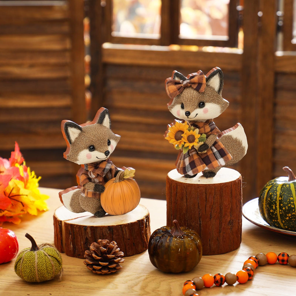 2 Pcs Fall Fox Figurines Wooden for Thanksgiving