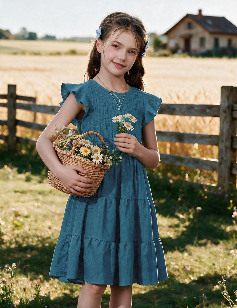 Girls Flutter Sleeve Smocked Tiered Midi Sundress with Pockets