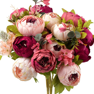 Pinkish Red and Dusty Pink Vintage Artificial Peonies Silk Flowers and Hydrangeas for Wedding Bridal Home Decor