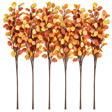 Fall Eucalyptus Stems, 6 Pack 27.5 Inch Artificial Branches with Bendable Stems, Orange and Yellow Leaves for Vases