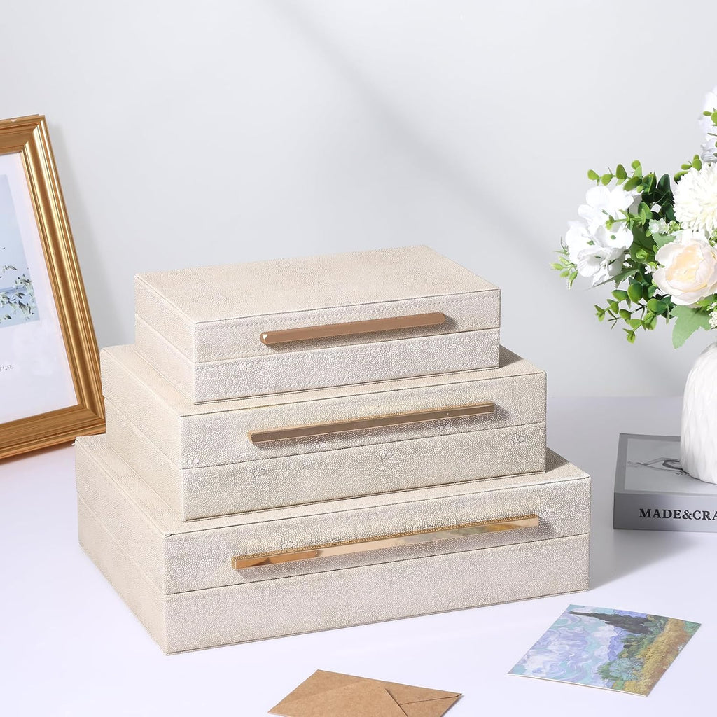 Faux Ivory Shagreen Decorative Boxes, Elegant Jewelry Organizer with Lids, Velvet Lining and Golden Handles - Set of 3