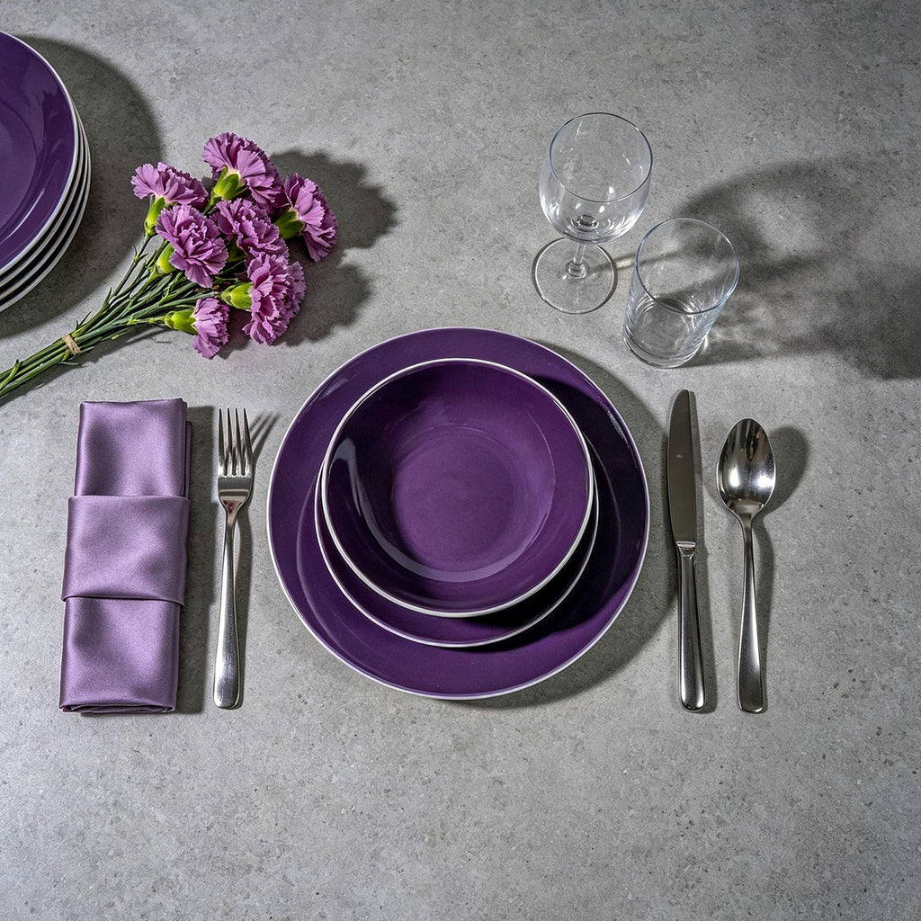 Stoneware Coupe Shape 18pc Dinnerware Set, Outside White + Inside Violet