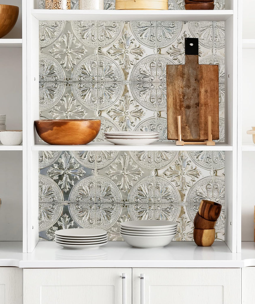 Peel and Stick Metal Backsplash Tiles, Silver Fleur, 10-Pack