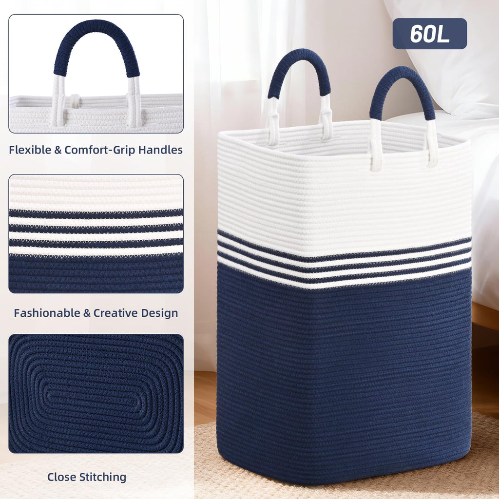 Laundry Basket Hamper, Blanket Storage, Dirty Clothes Hamper with Swivel Handles, Woven Cotton Rope Toy Baskets, Blanket