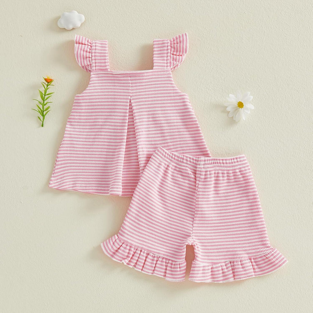 Toddler Baby Girl Summer Outfit Cute Bow Flutter Sleeve Ruffle Tops Dress Shorts Outfits Set