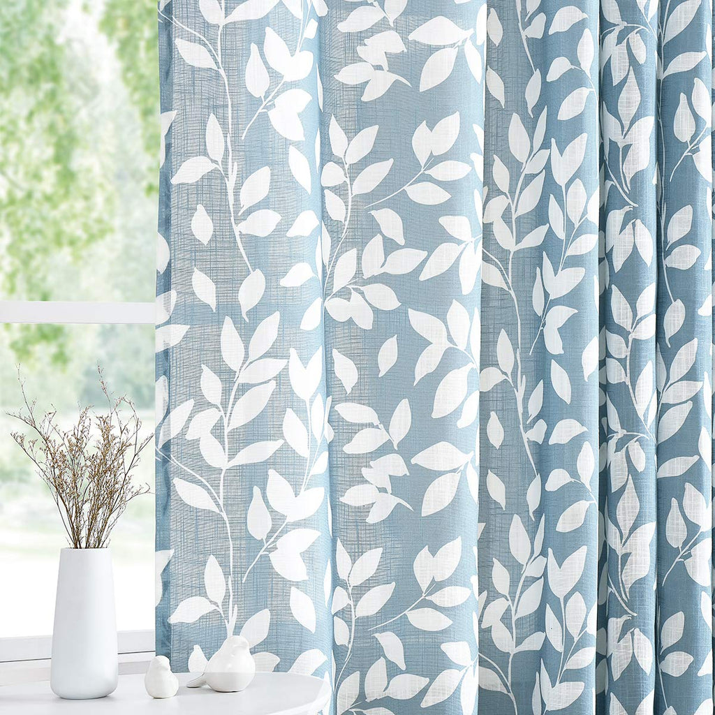 Blue White Sliding Door Curtains 100x84" Linen Leaf Drapes Living Room 1pc
