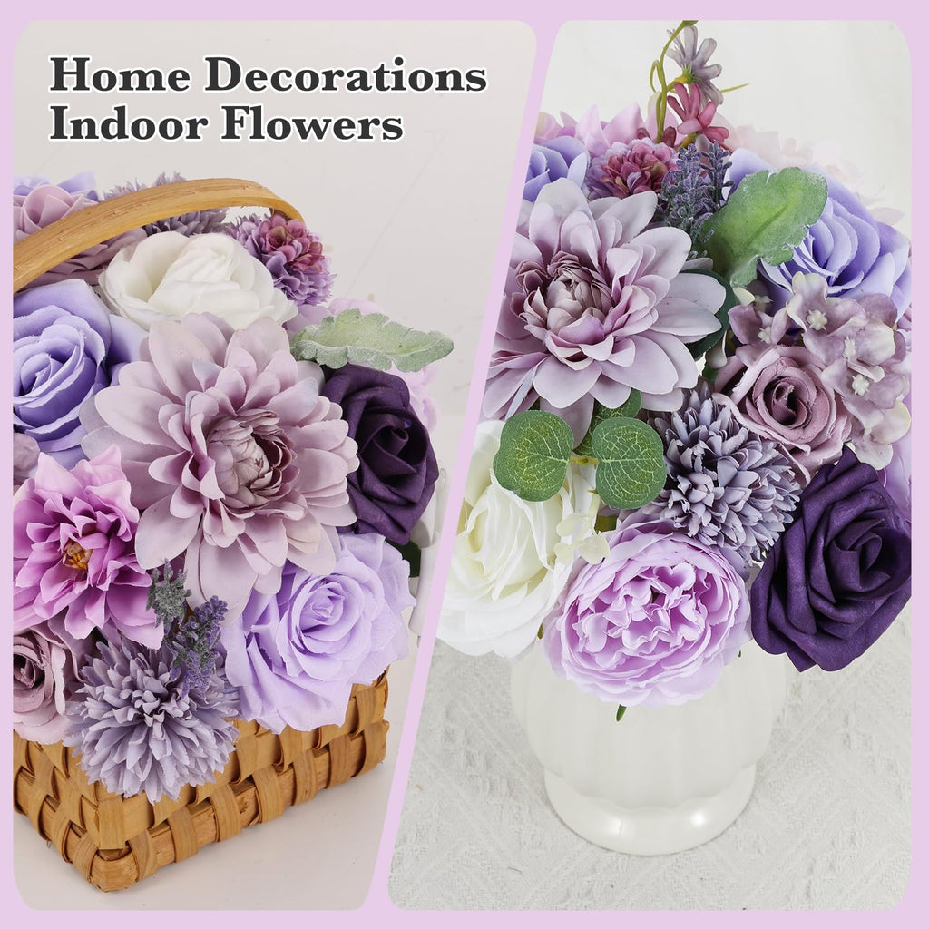 Artificial Combo Box Purple Fake Silk Flower Dahlia Roses for Wedding Bridal Bouquets, Baby Shower, Birthday, Floral