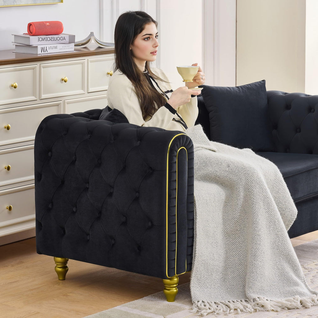 149" Modern Chesterfield Sofa, Luxury 3-Seater Loveseat Set Couch with Button Tufted Rolled Arms and Gold Pine Legs