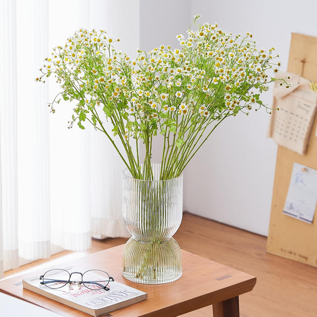 7.5 inch Vase for Flowers, Clear Ribbed Thickened Glass Vases, Hourglass Bud Flower Vase for Bookshelf, Dinner Table