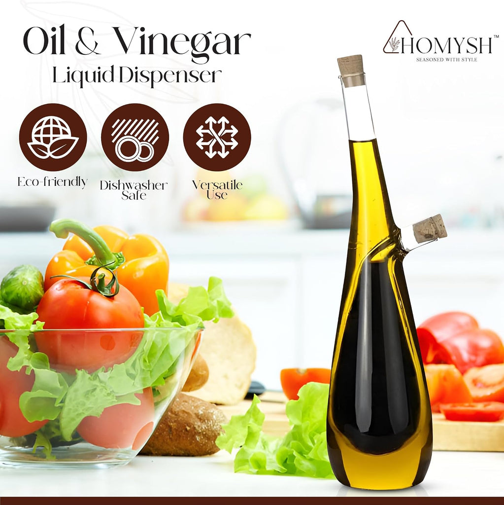 Oil and Vinegar Dispenser Bottle 2-in-1, Glass Cruet Set, Dual-Chamber Olive Oil & Vinegar Dispenser, Cork Stoppers