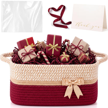 Halloween Empty Boo Basket Gift Woven Cotton Rope Set, Burgundy, Brown