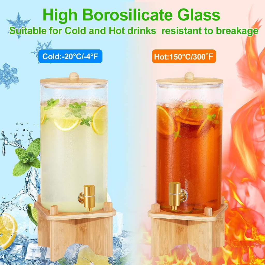 1.5 Gallon Drink Dispenser: 2P Glass Dispenser w/Bamboo Stand - Set of 2