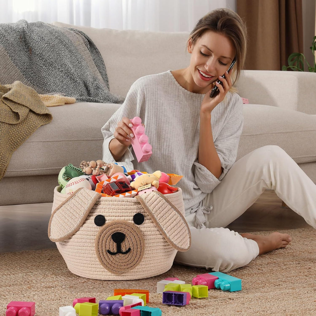 Woven Dog Basket with Handles for Toy Storage, Khaki, 13 x 8 Inch