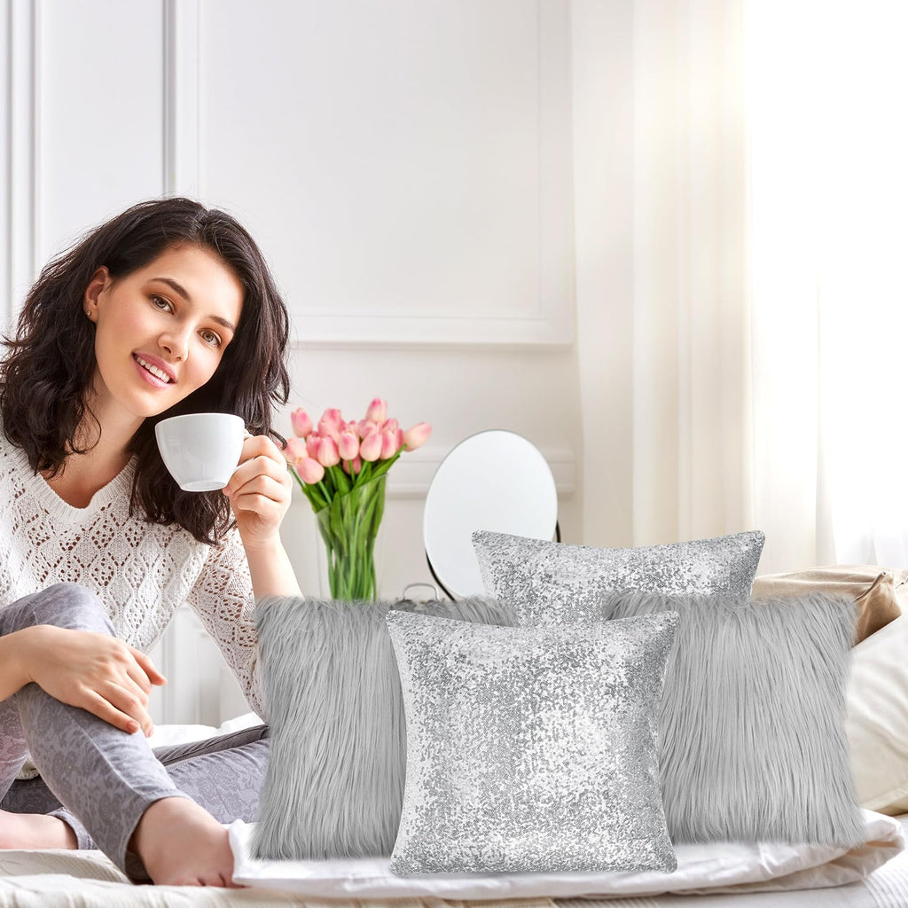 4 Pcs Sequin Fluffy Pillow, Silver, Gray, 18 x 18 Inch