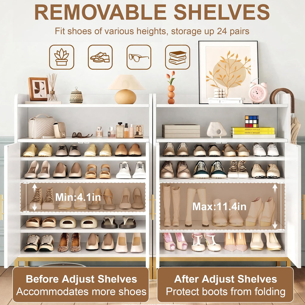 Shoe Cabinet with Adjustable Shelves & Doors, 7-Tier Farmhouse Shoe Storage Cabinet with Golden Metal Legs, 47.2''