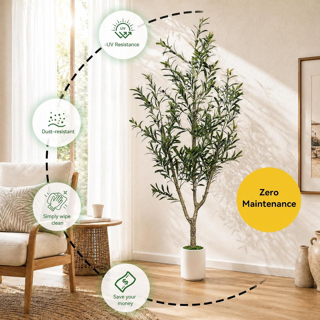 Olive Trees Artificial Indoor, 6ft Tall Olive Tree with White Planter, Faux olive tree with Natural Wood Trunk &