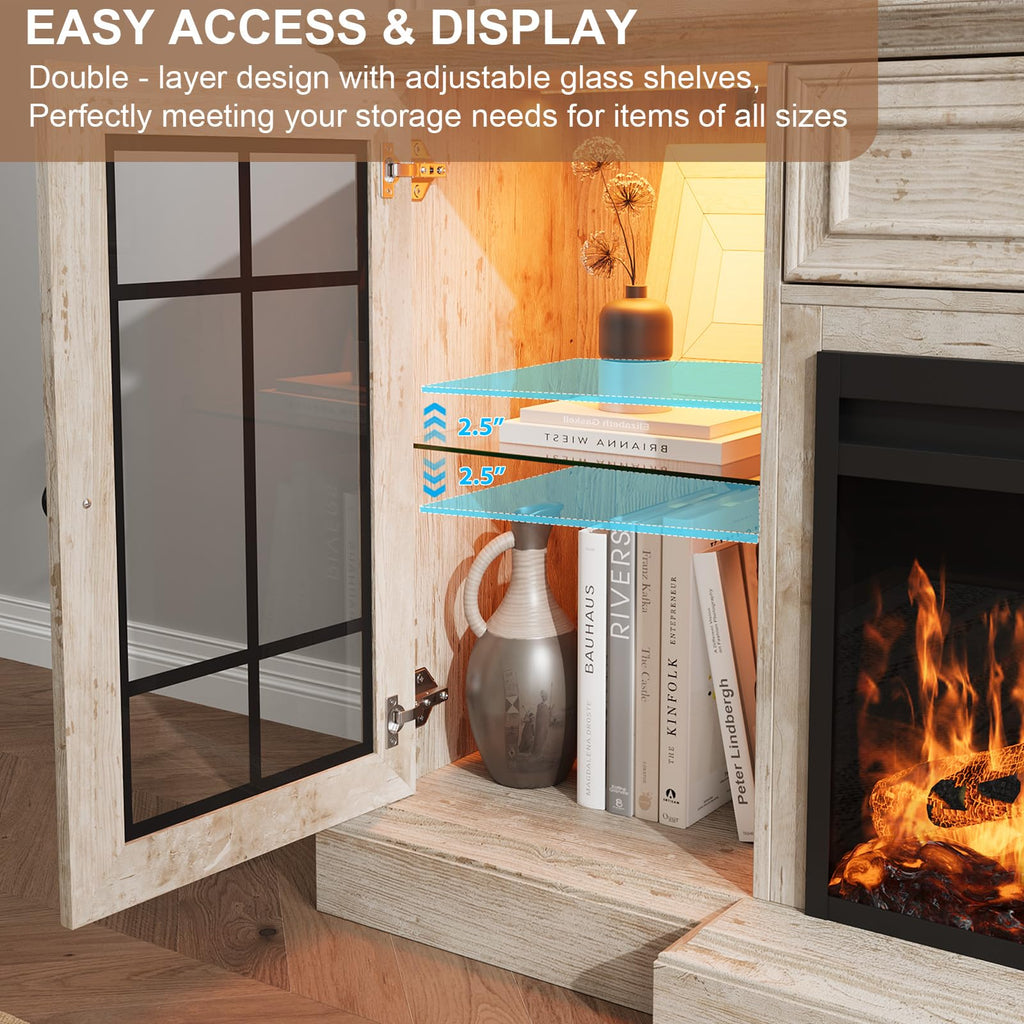 Fireplace TV Stand Up to 80" TVs, 70'' Modern Entertainment Center with 36" Electric Fireplace & LED Lights
