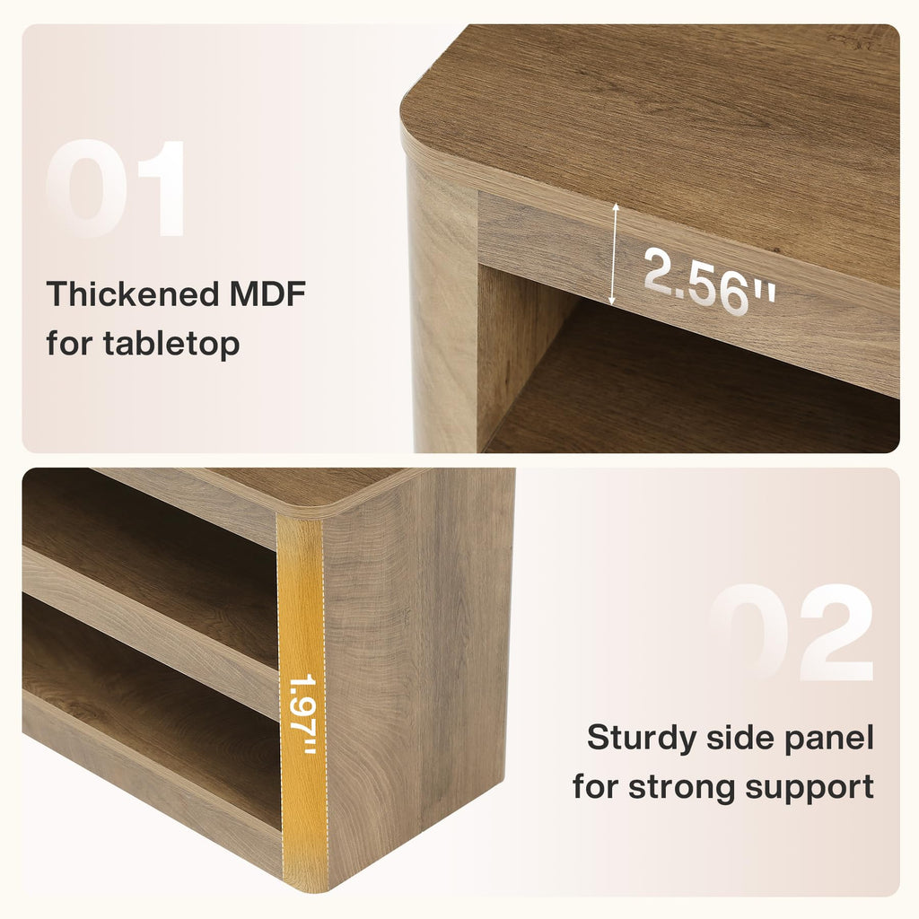 55" Farmhouse Entryway Bench, 3-Tier Open Storage Shoe Bench with Rounded Corners, Wood Look Indoor End of Bed Seat