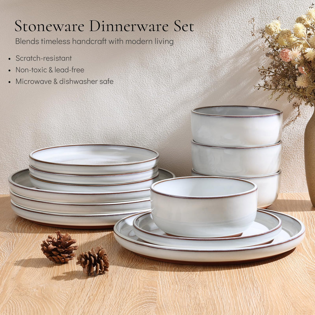 Stoneware Dinnerware Sets for 6, 18 Pieces Reactive Glaze Plates and Bowls Sets, Elegant Dishes with Rustic