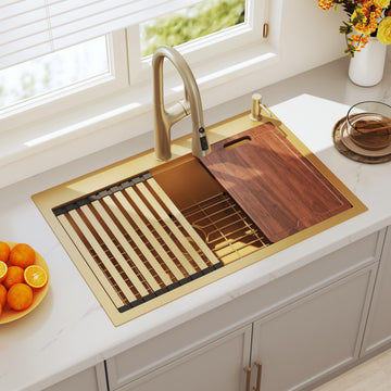 33 Inch Gold Drop In Workstation Honeycomb Single Bowl Kitchen Sink