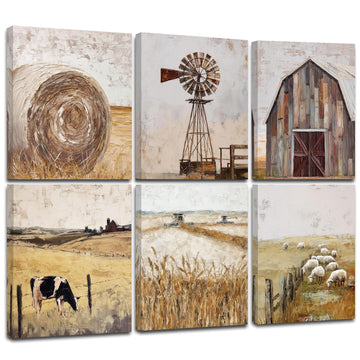 Framed Farmhouse Wall Art, Rustic Windmill Barn Cornfield Sheep Cow Paintings Wall Art, Vintage Country Wall Decor