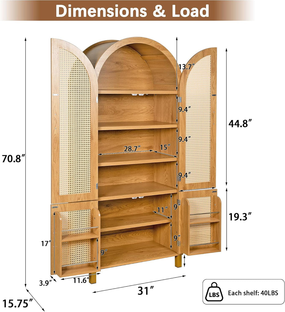 71" Tall Arched Rattan Storage Cabinet with 4 Doors & Adjustable Shelves, Farmhouse Freestanding Cupboard with