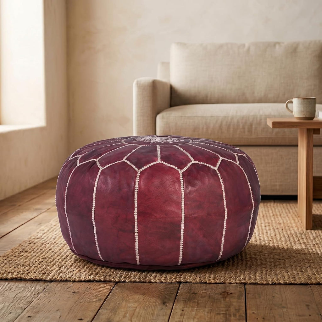 Moroccan Embroidered Leather Pouf | Delivered Unstuffed | Ottoman, Footstool, Footrest, Hassock, Floor Cushion