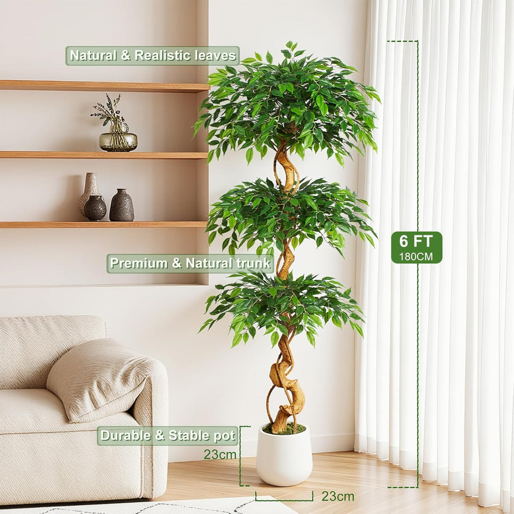 6ft Large Ficus Artificial Trees in White Pot, 72" Tall Fake Silk Tree with Natural Curved Trunk, Lush Faux Ficus