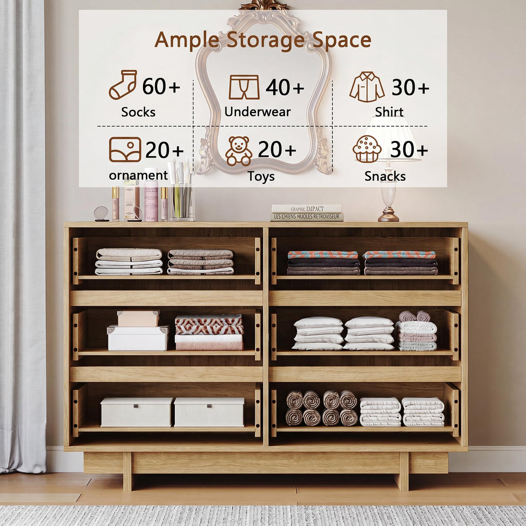 Oak Dresser, 47in Modern 6 Drawer Chest of Drawers