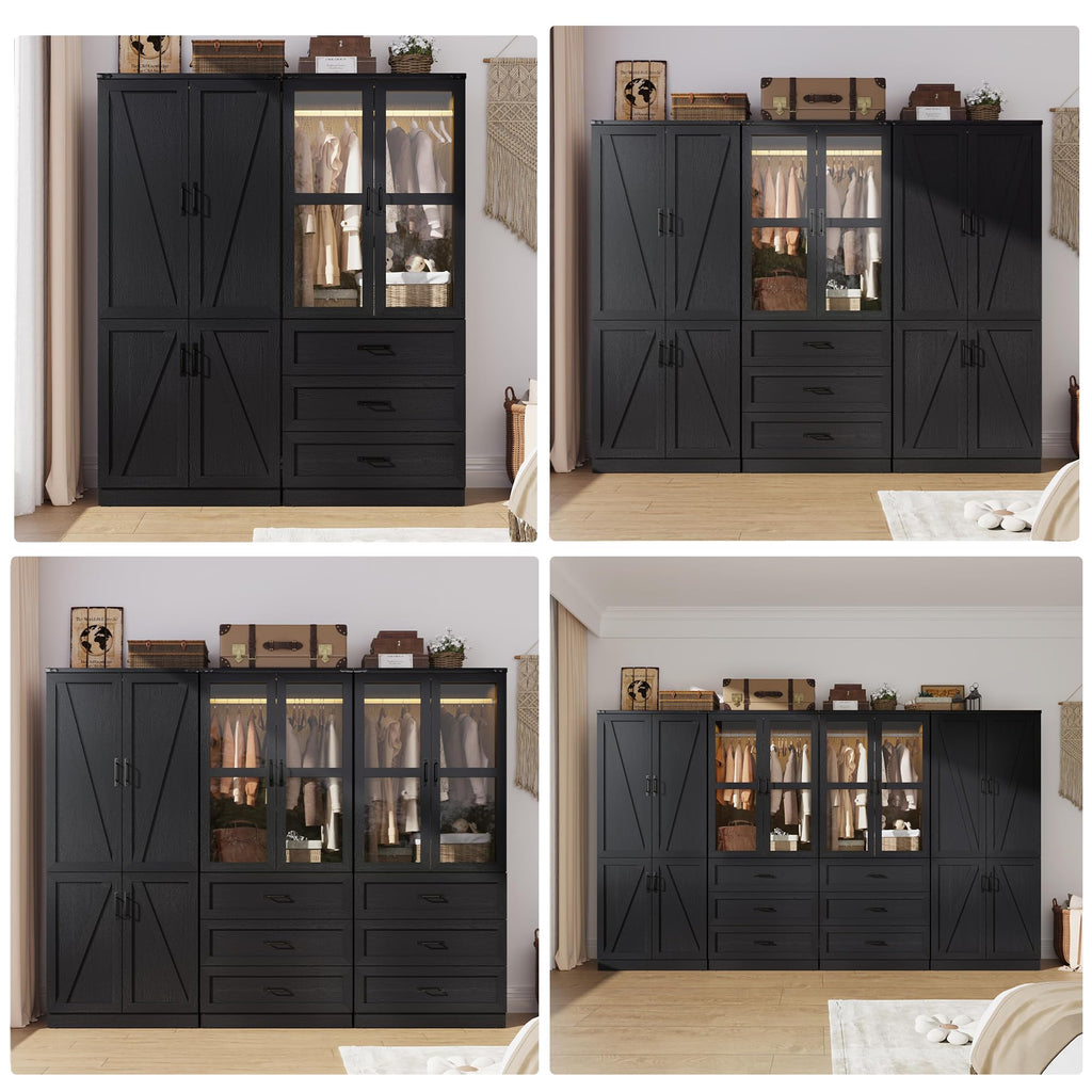 75" Tall Farmhouse 6 Doors Armoire Wardrobe Closet with 6 Drawers and LED, Freestanding Closet Wardrobe Cabinet with
