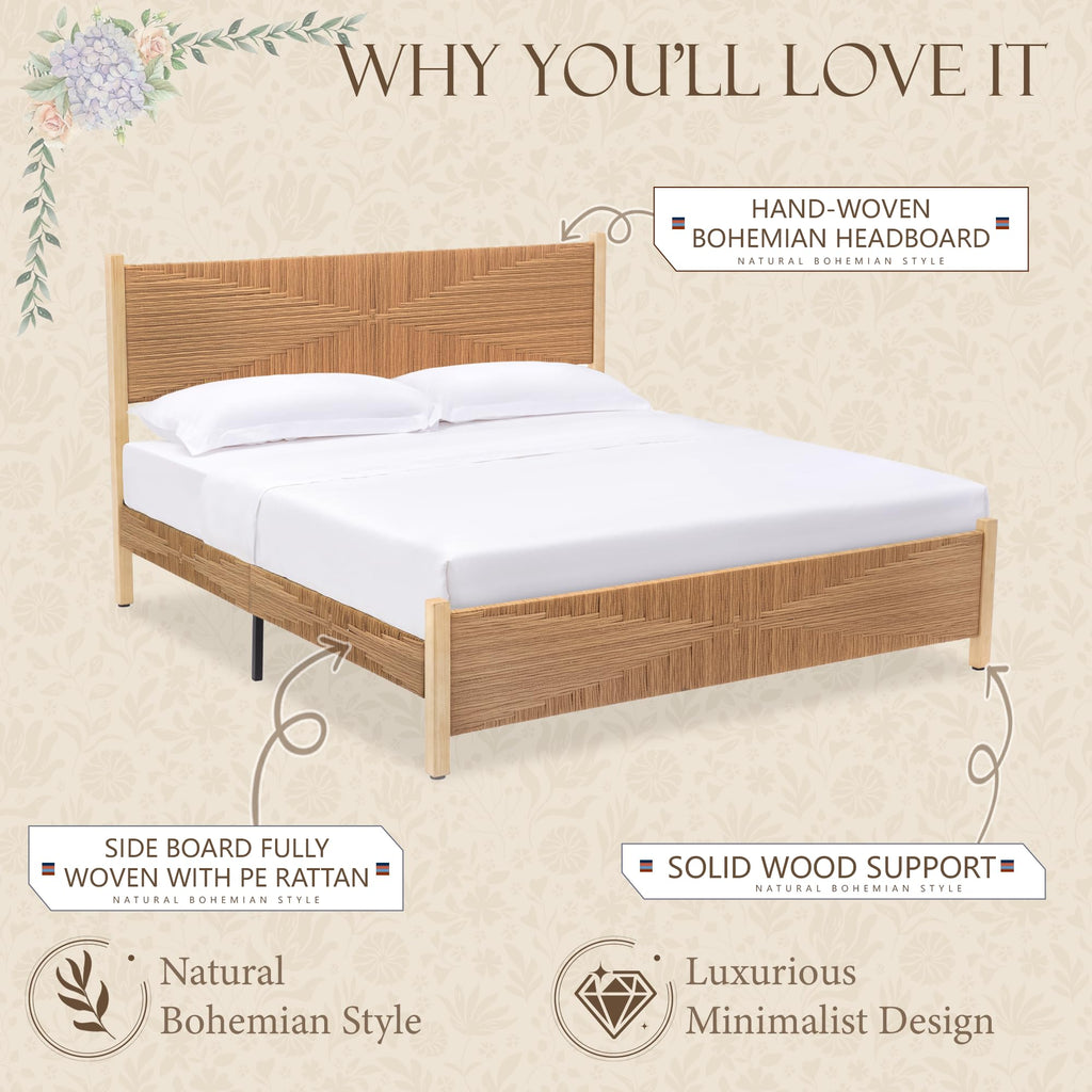 Solid Wood Rattan Bed Frame with Tall Headboard and Footboard, Mid Century Modern Hand-Woven Rattan Bedframe