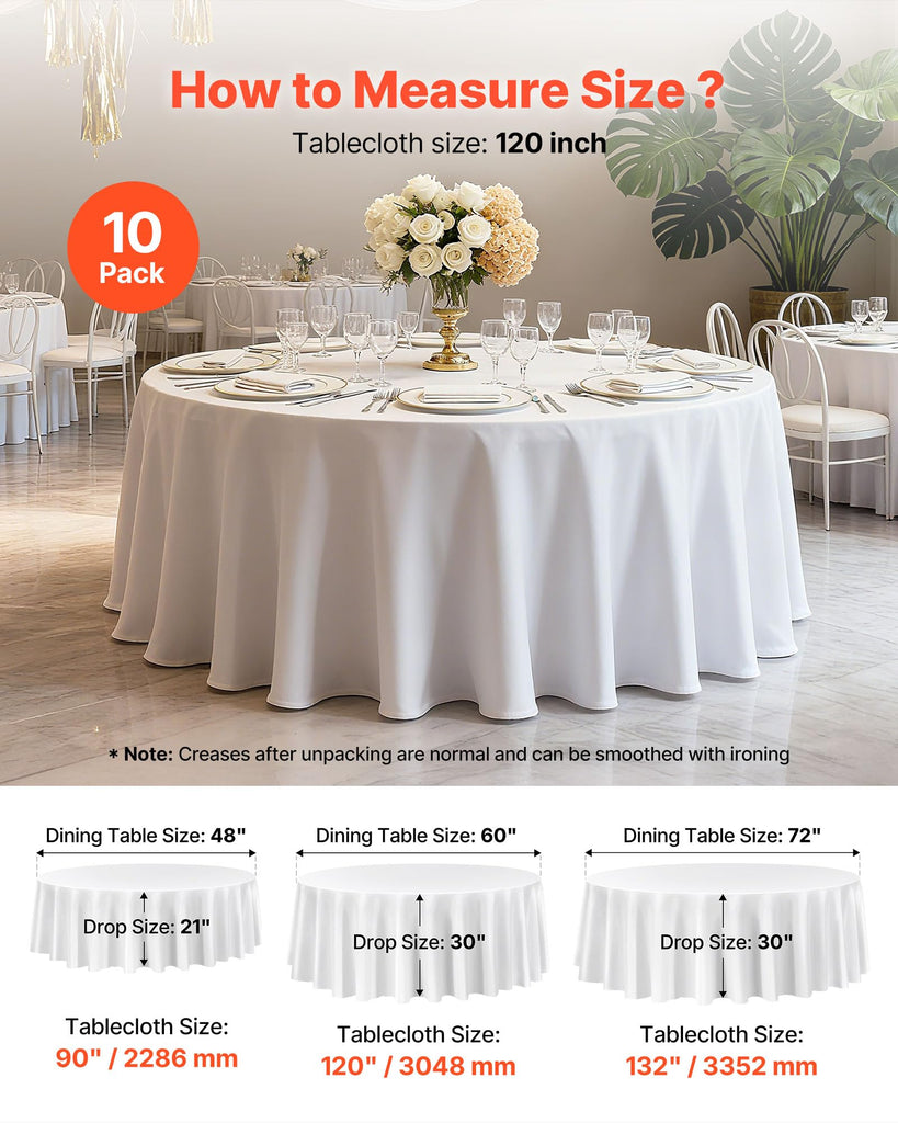 White Round Tablecloths 10 Pack, 120 Inches in Diameter, Stain- & Wrinkle- Resistant, Machine Washable Table Clothes
