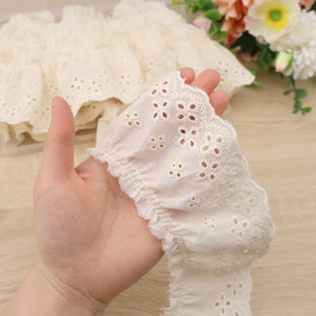 4 Yards Ruffle Trim Eyelet Embroidered Cotton Pleated Lace Trim 2.36" Wide (Beige)