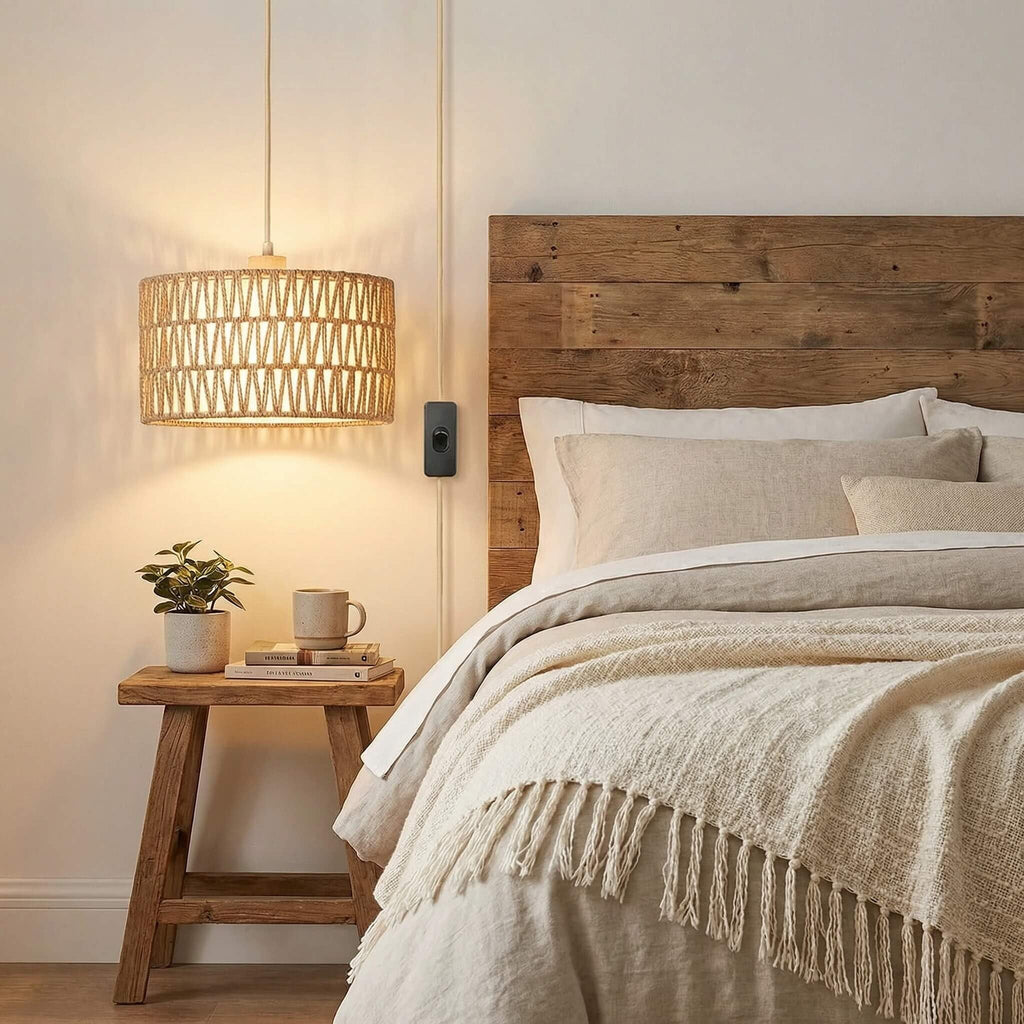 Boho Plug in Pendant Light, Handwoven Shade, 3 Way Bulb, 14ft Cord