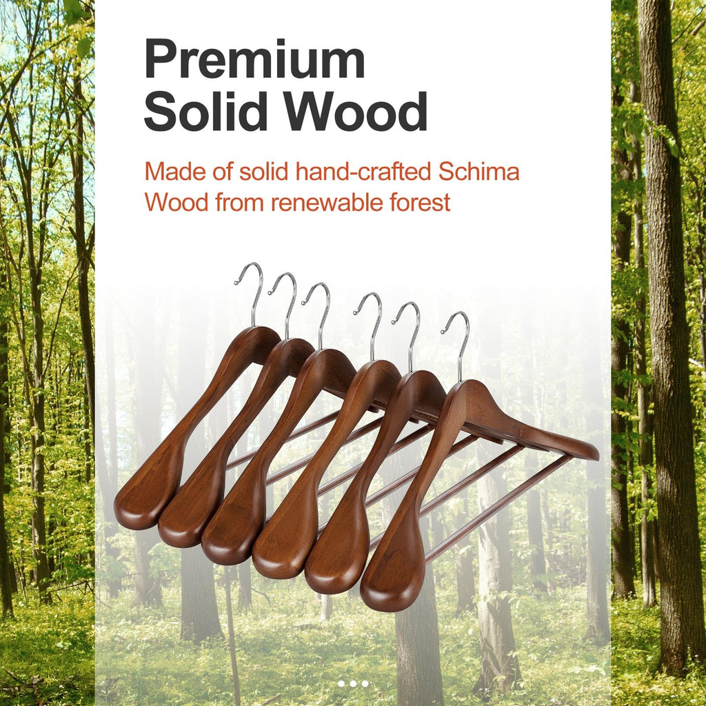Wide Shoulder Wooden Hangers, Suit Hangers with Non Slip Pants Bar & 360° Swivel Hook, Solid Wood Heavy Duty Coat
