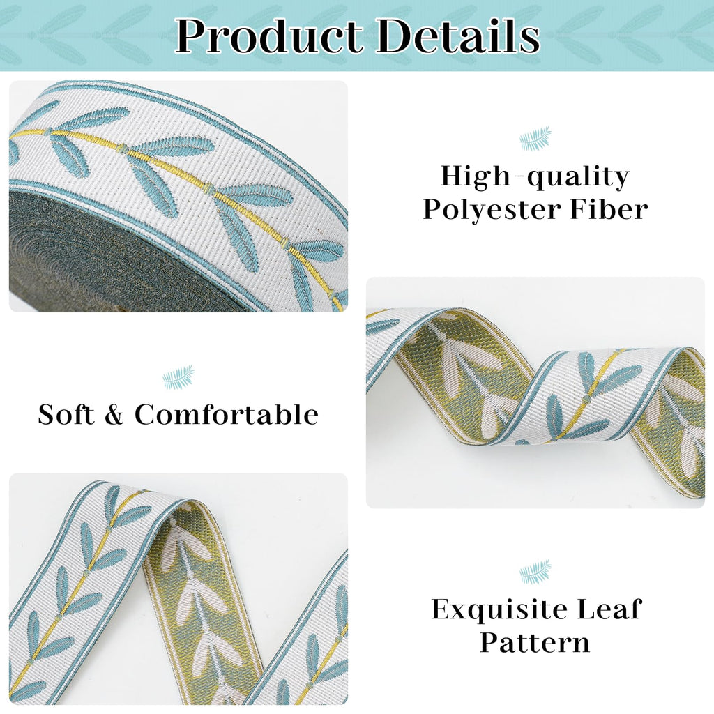 Jacquard Ribbon Trim 1.18 Inch Leaf Pattern Fabric Trim White Blue Leaves Jacquard Woven Embroidered - 10.9 Yards