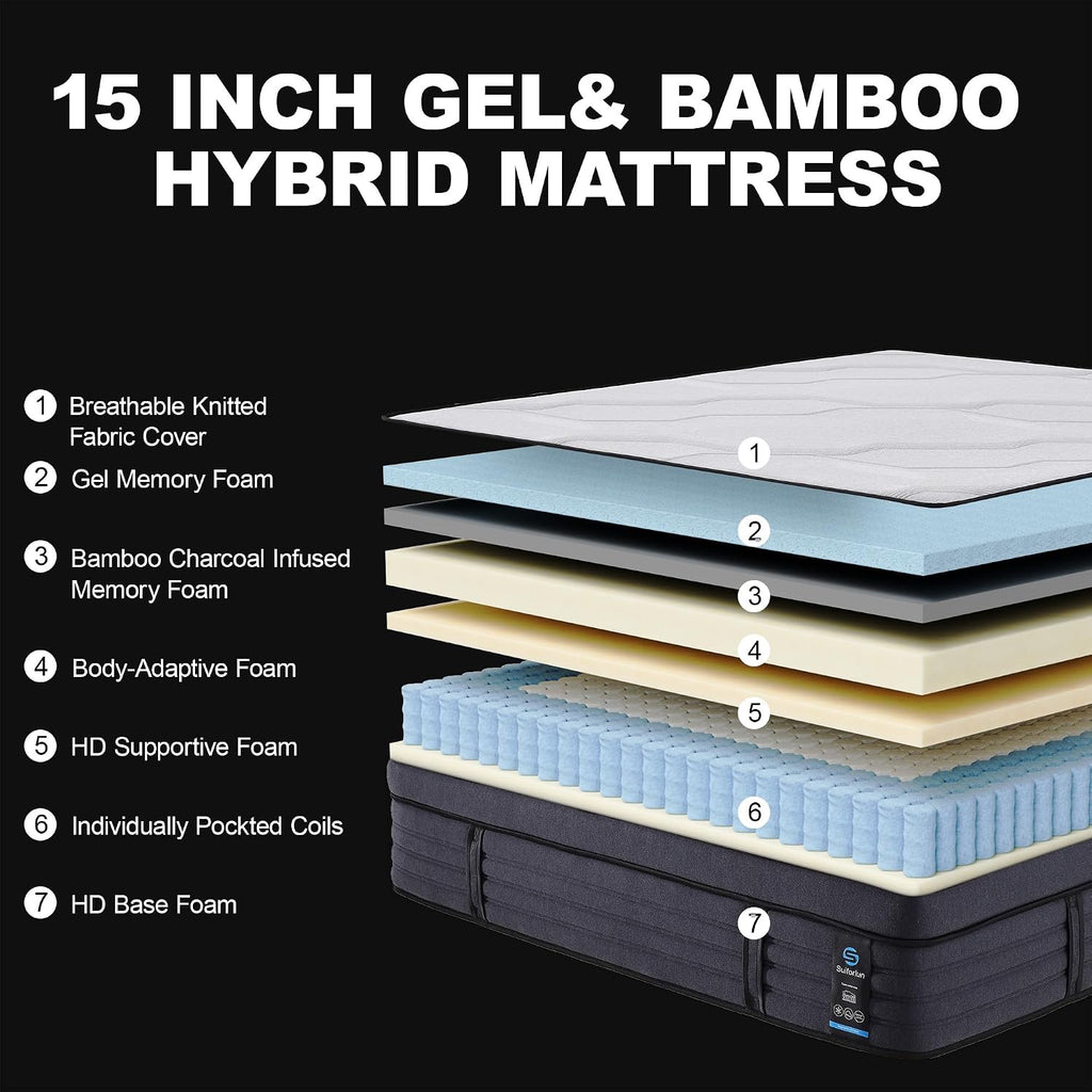 California King Mattress, 15 Inch Hybrid Charcoal Gel Memory Foam Mattress with Edge Support Pocket Coils, Cooler