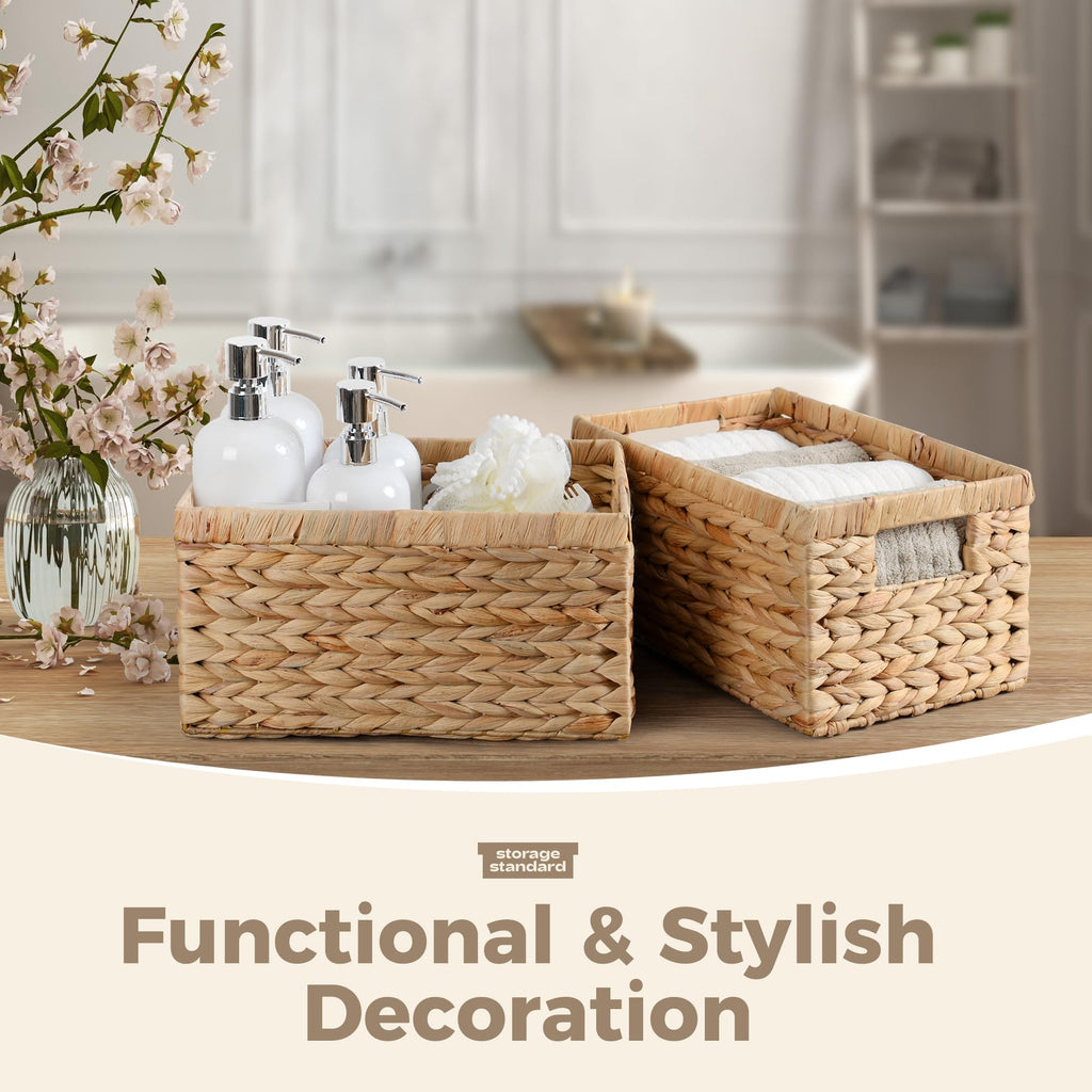 Set of 2 Wicker Shelf Storage Baskets for Organizing - Natural Durable Water Hyacinth Woven Basket Pantry Bin
