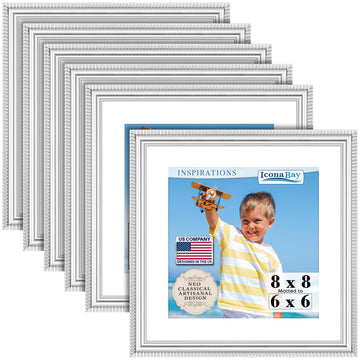 8x8 Picture Frames with 6x6 Mat, Silver, 6 Pack, Contemporary, Inspirations