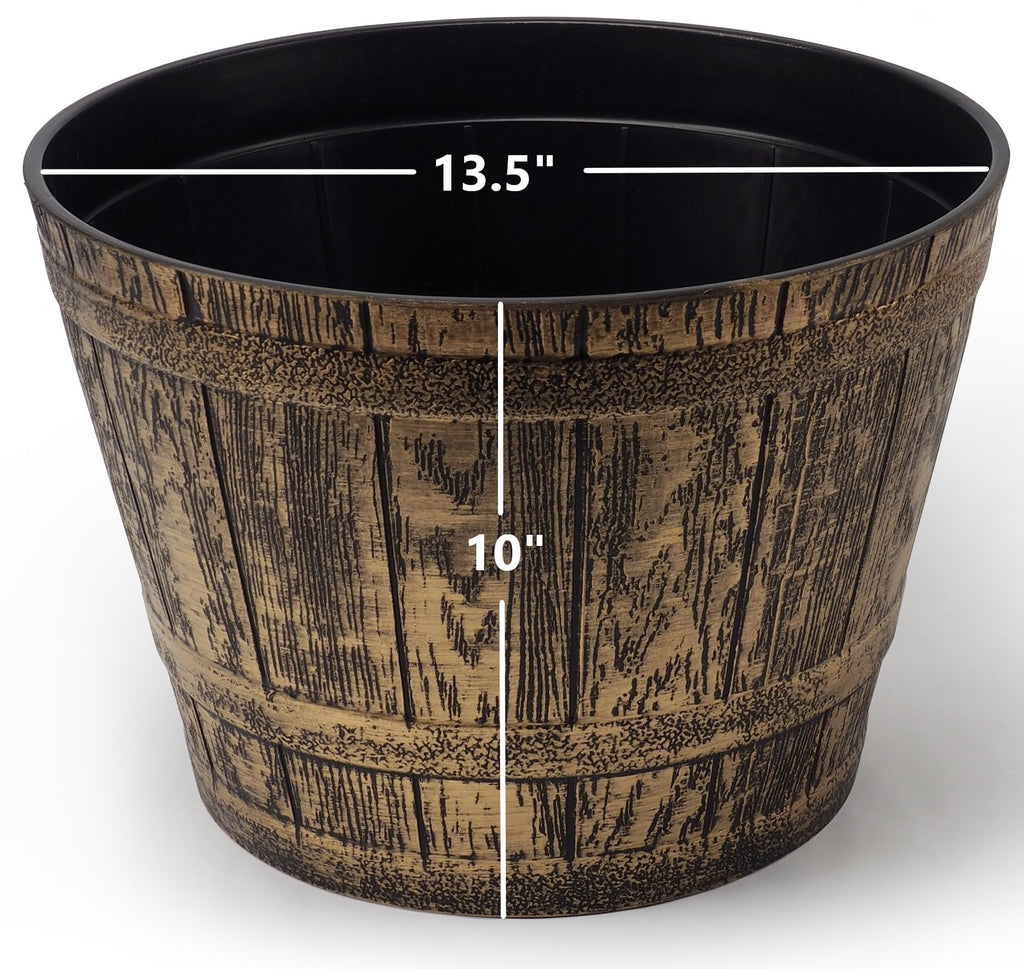 Set of 2 Plastic Whiskey Barrels Rustic Look (2 planters + 2 Matching Saucers) French Country Style Flowerpot Indoor