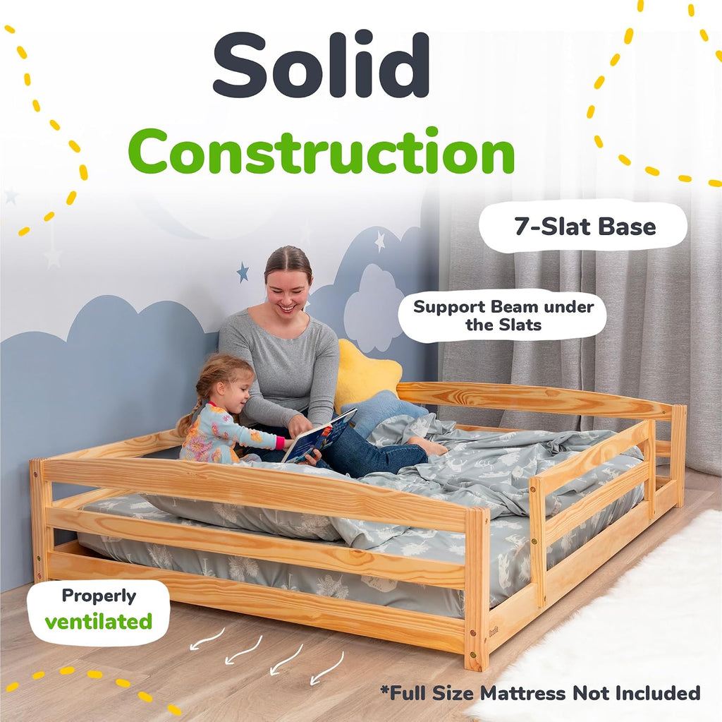 Floor Bed for Kids with Rails & Wood Slatted Frame