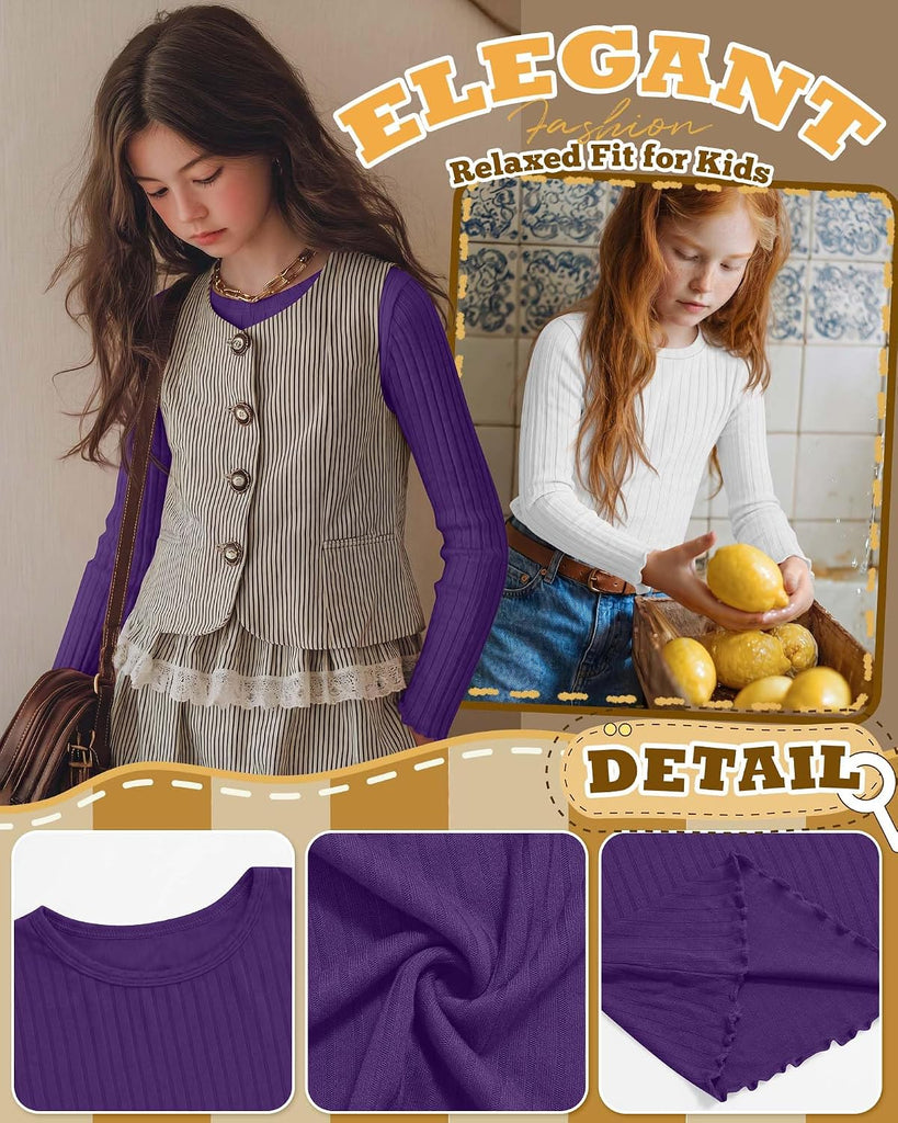 4 Pack Girls Long Sleeve Shirts Kid Cotton Ribbed Top