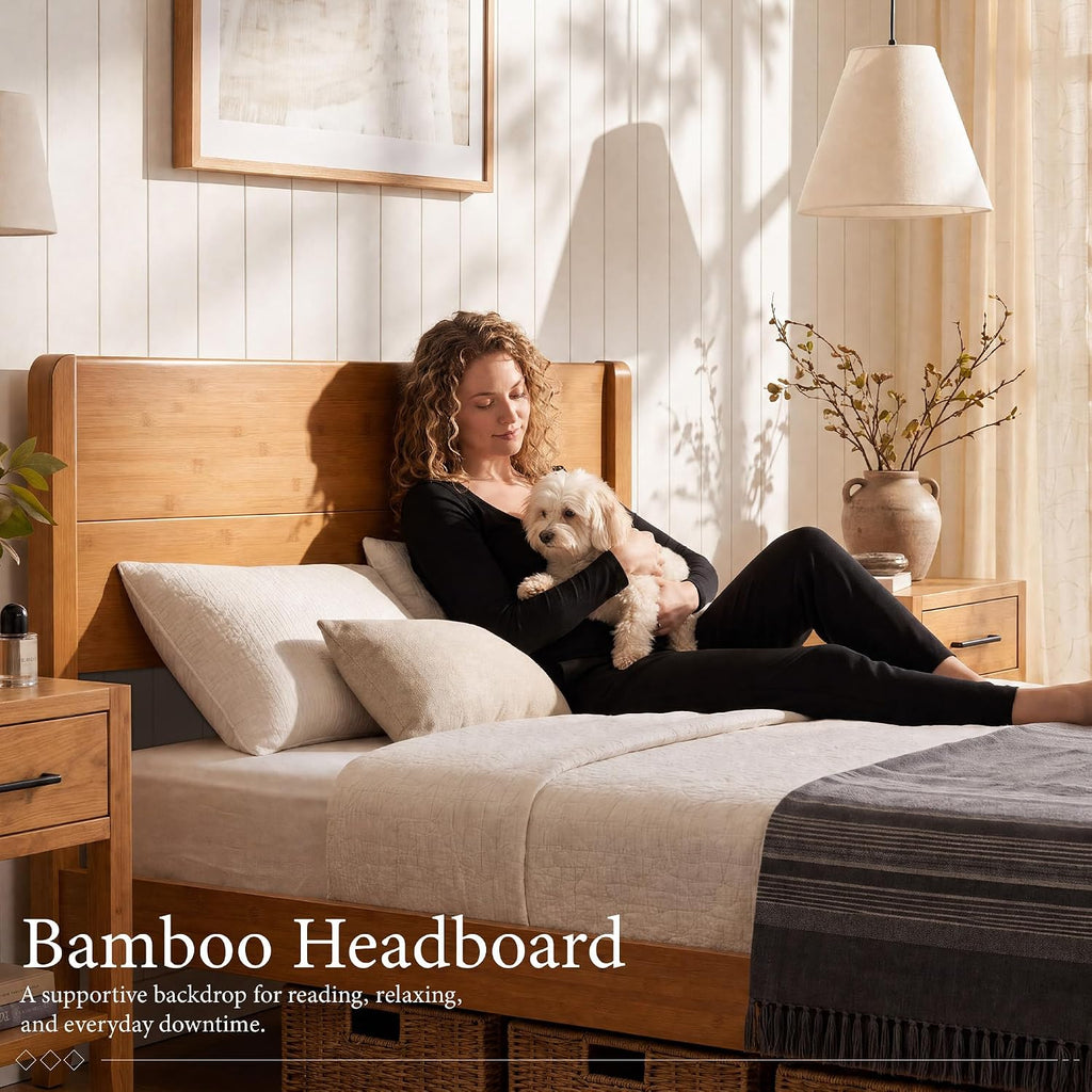 Japanese Joinery Bed Frame, Bamboo Platform Bed with Headboard