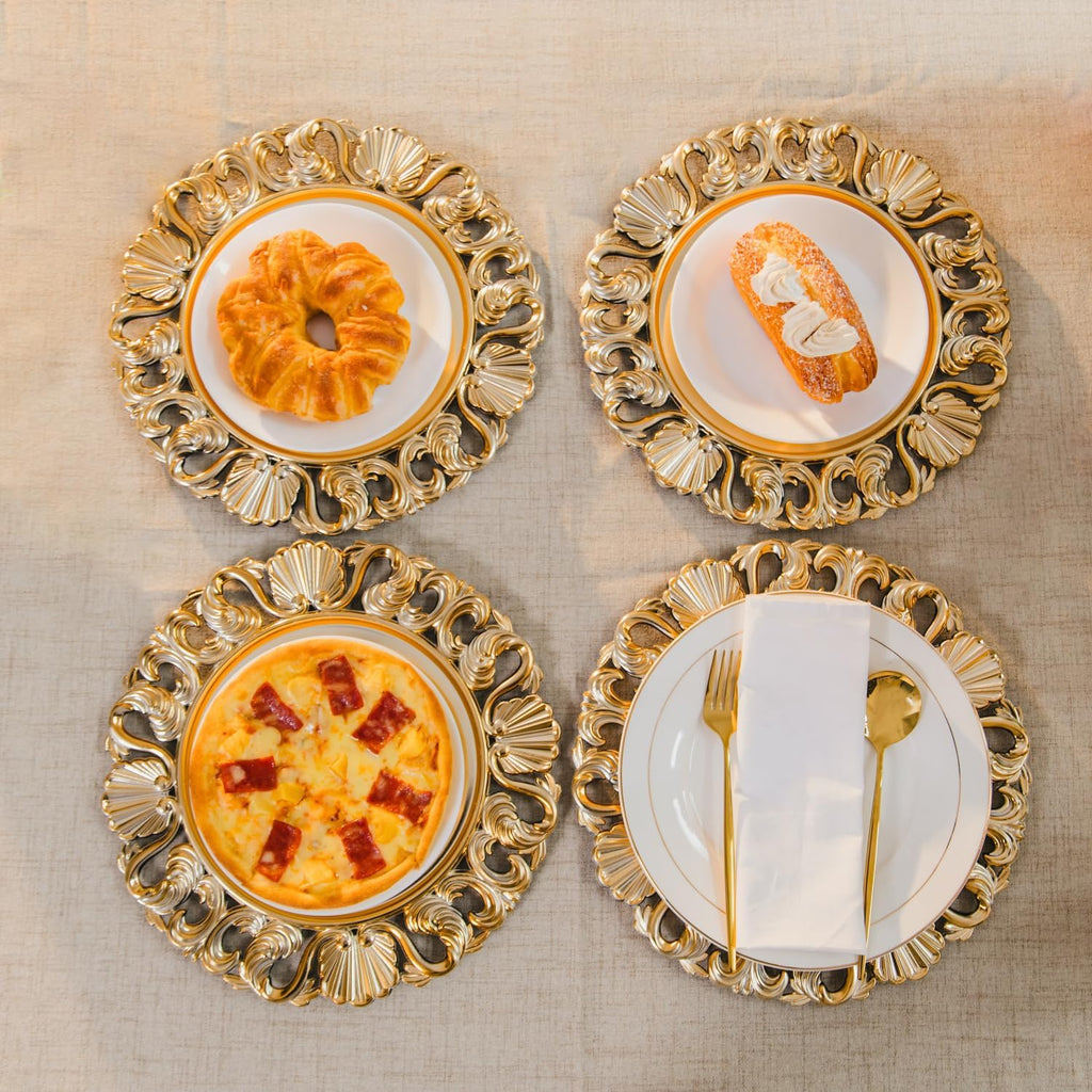 13in Charger Plates- Antique Gold Chargers for Dinner Plates- Round Plastic Hollowed Plate Charger - Set of 12