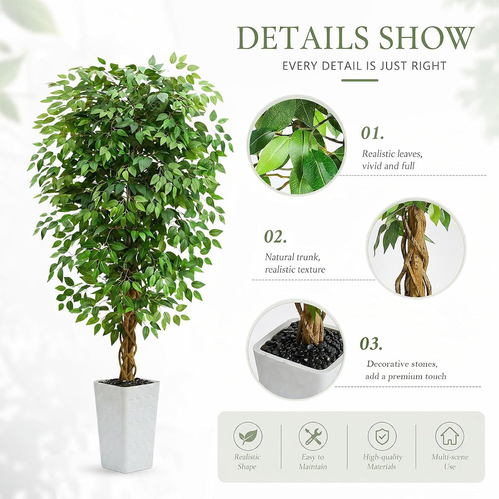 Artificial Ficus Tree 6FT Faux Floor Tree with Planter UV Resistant Potted Fake Silk Plant - Indoor Outdoor Lifelike
