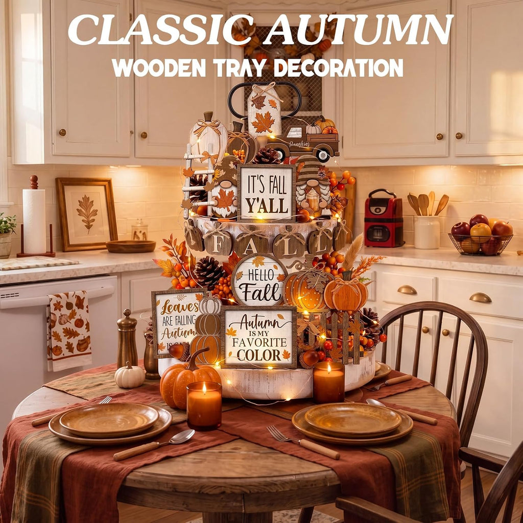 Fall Tiered Tray Decor Set, Thanksgiving Wooden Table Sign - Set of 20