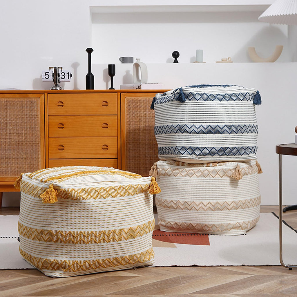 Unstuffed Tufted Ottoman Tassel Square Pouf, Yellow, 18x18x16 inches