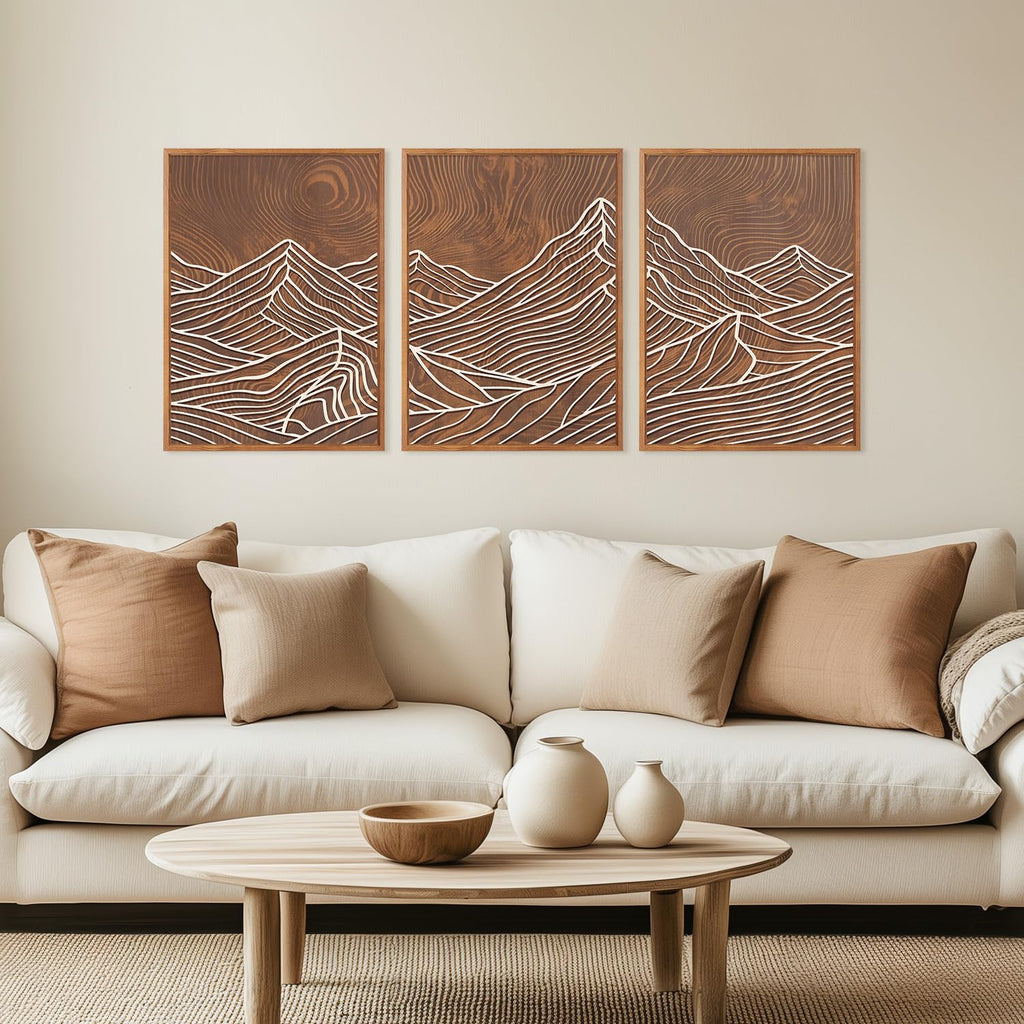 Line Style Mountain Framed Canvas Wall Art, Vintage Tree Rings Wall Decor, Abstract Tree Spiral Wall Painting, Modern
